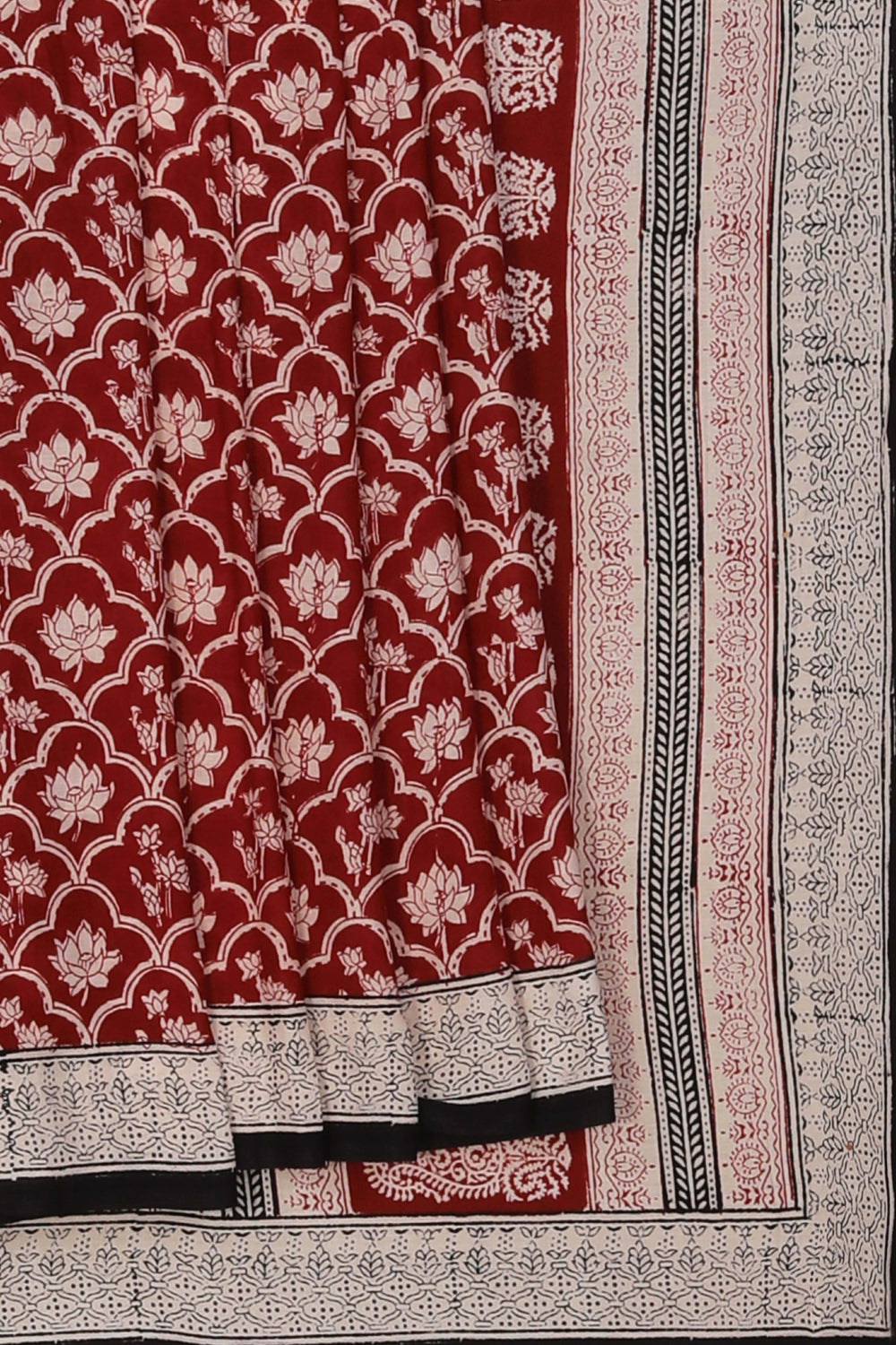 Image of Maroon Lotus Bagh block printed Mul cotton saree